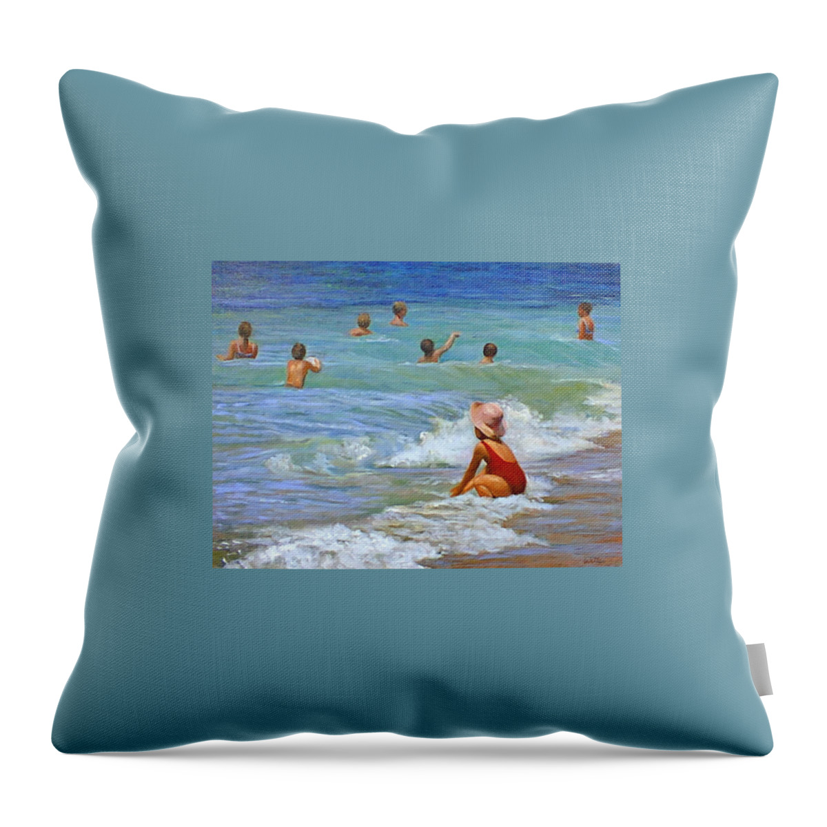 Children Throw Pillow featuring the painting Girl with Pink Hat by Marie Witte