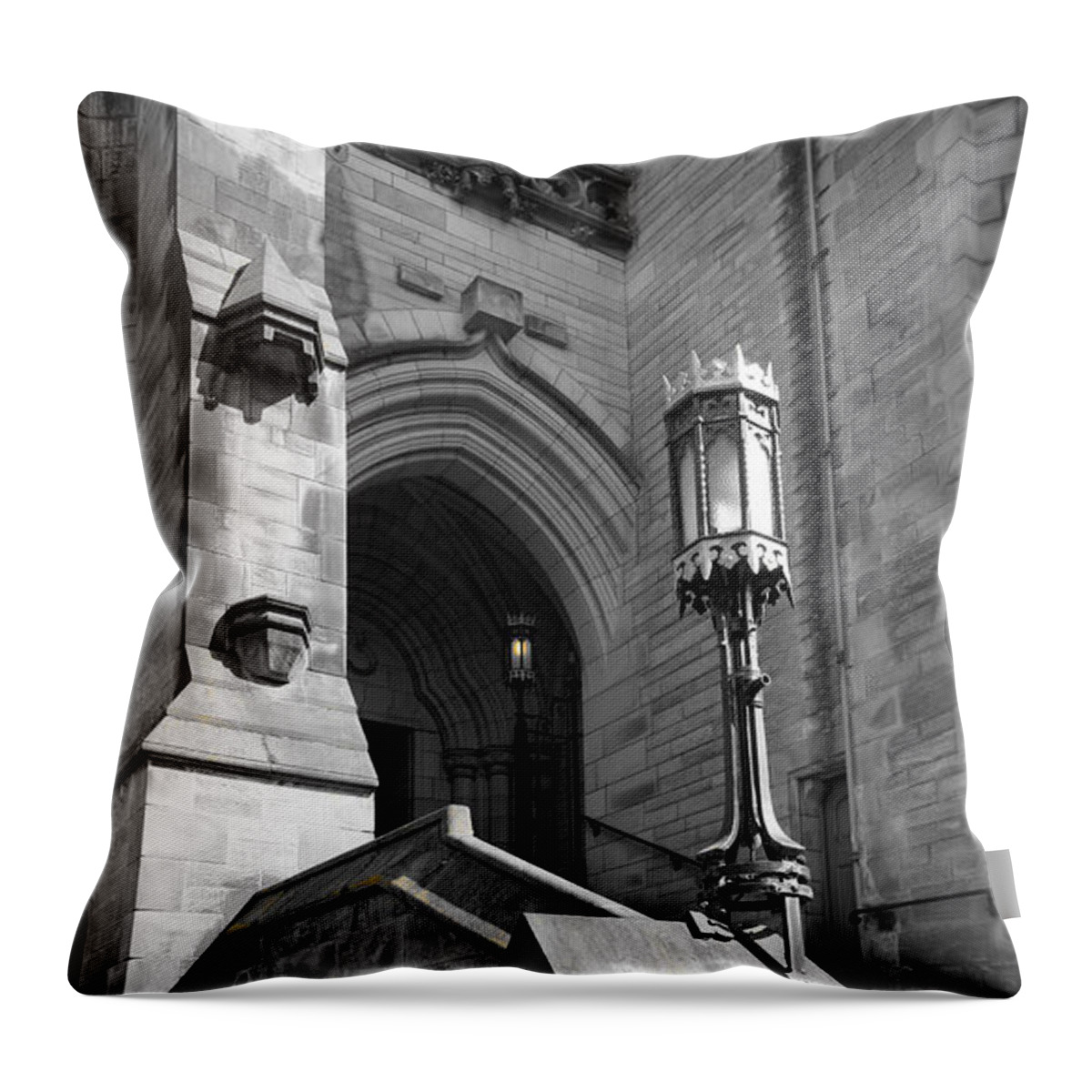 Lamppost Throw Pillow featuring the photograph Glasgow University. Lamppost at entrance. by Elena Perelman