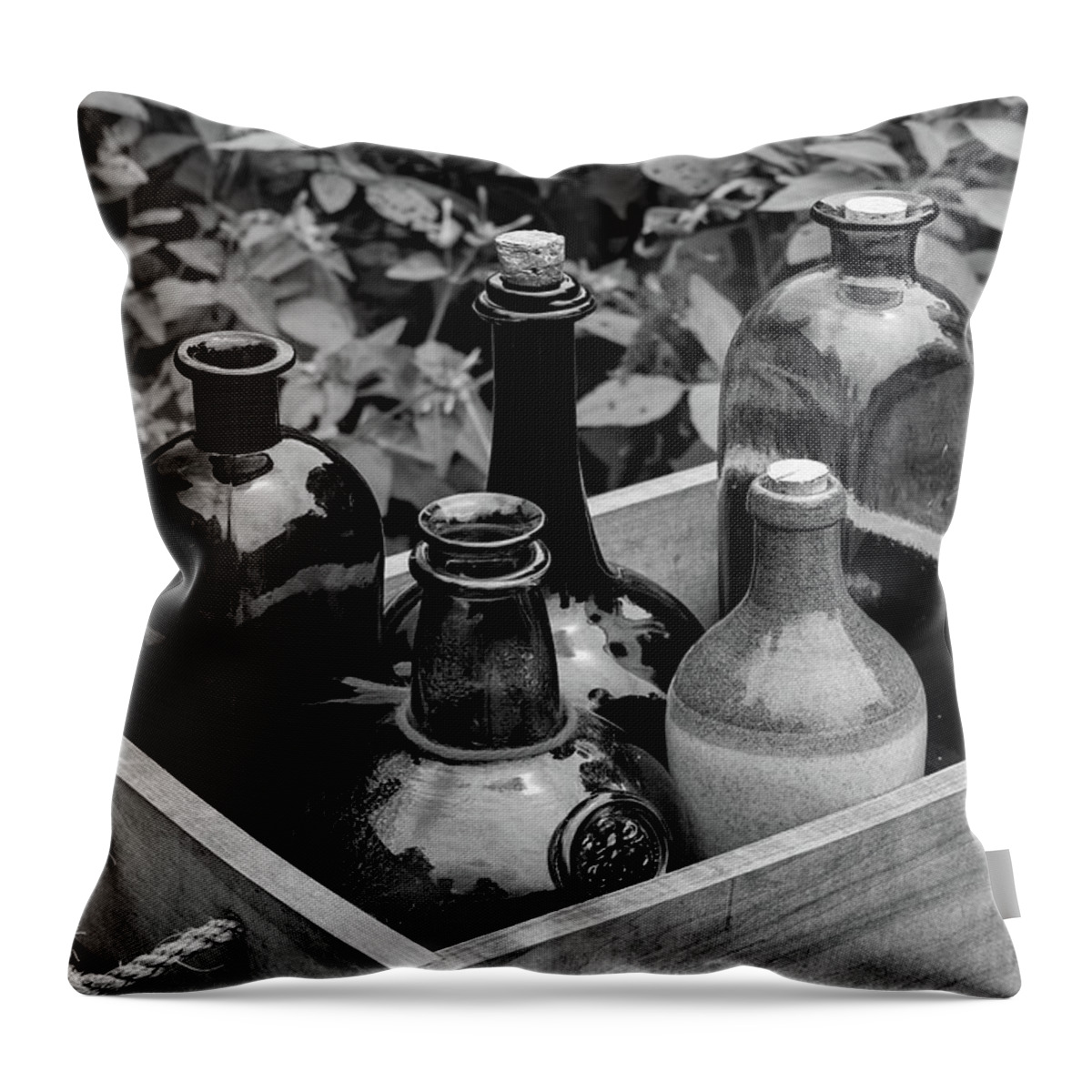 Antique Throw Pillow featuring the photograph Glass Bottles in the Garden by Nicole Lloyd
