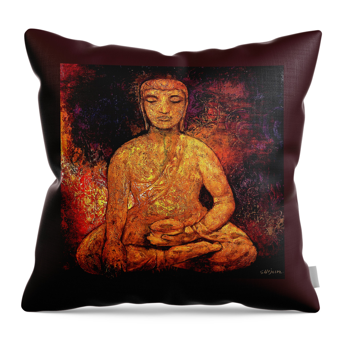 Oil Painting Throw Pillow featuring the painting Golden Buddha by Shijun Munns