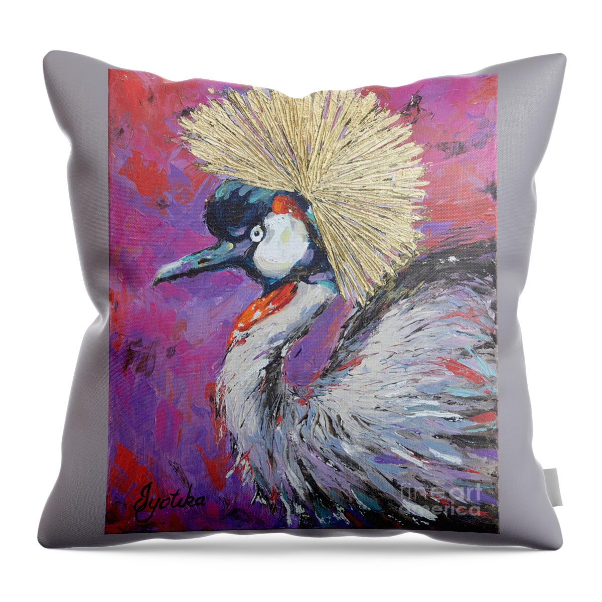 Grey Crowned Crane Throw Pillow featuring the painting Golden Crown by Jyotika Shroff