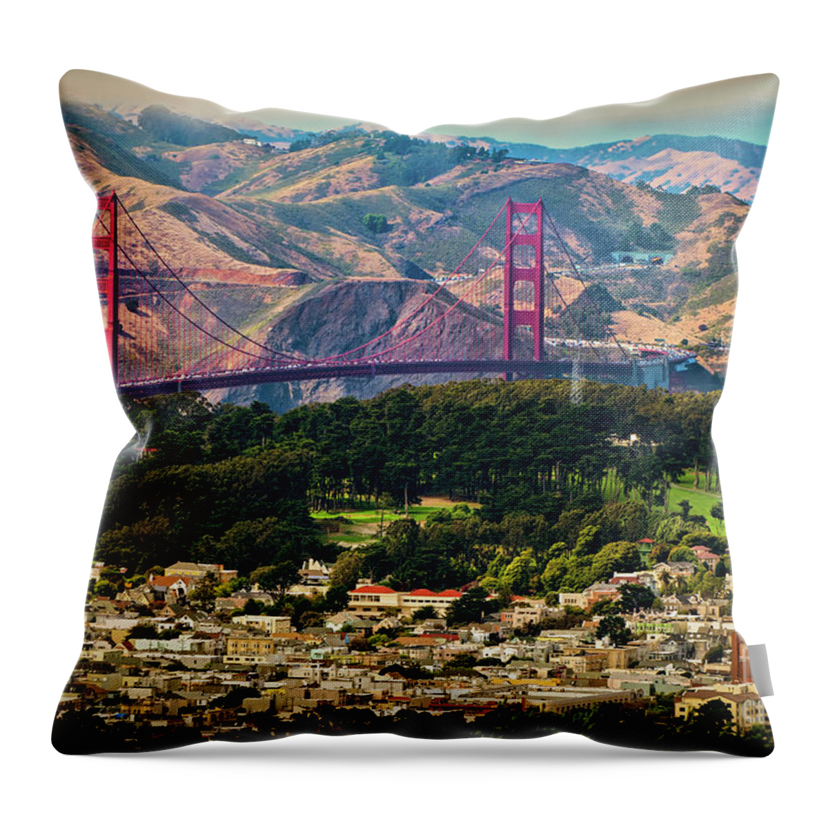 Sfo Throw Pillow featuring the photograph Golden Gate Bridge - Twin Peaks by Doug Sturgess