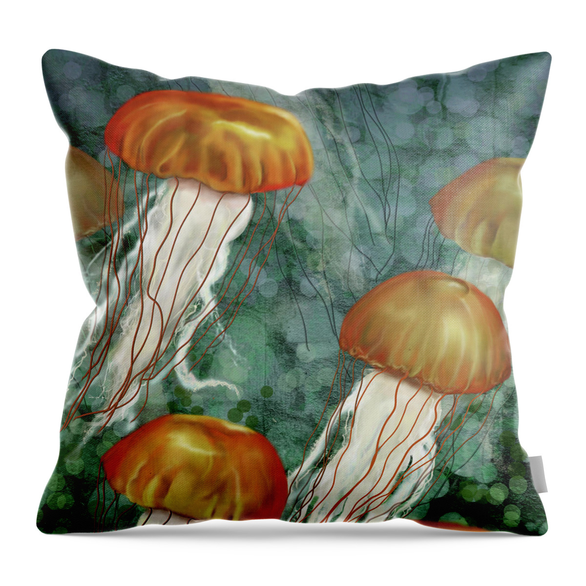 Jellyfish Throw Pillow featuring the digital art Golden Jellyfish in Green Sea by Sand And Chi