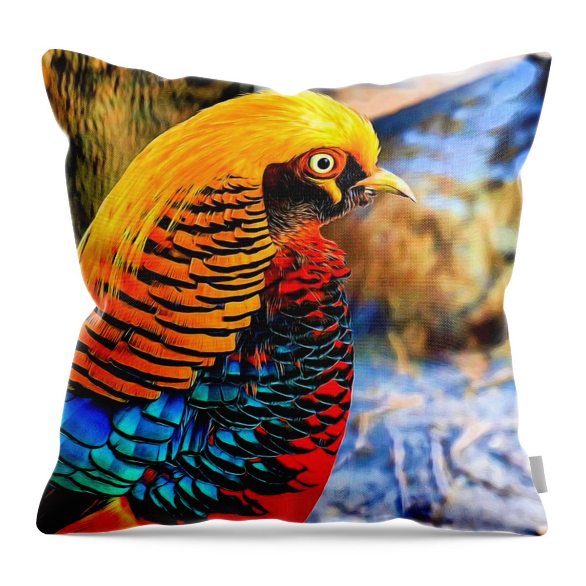 Golden Pheasant Throw Pillow featuring the digital art Golden Pheasant Painterly by Lilia D