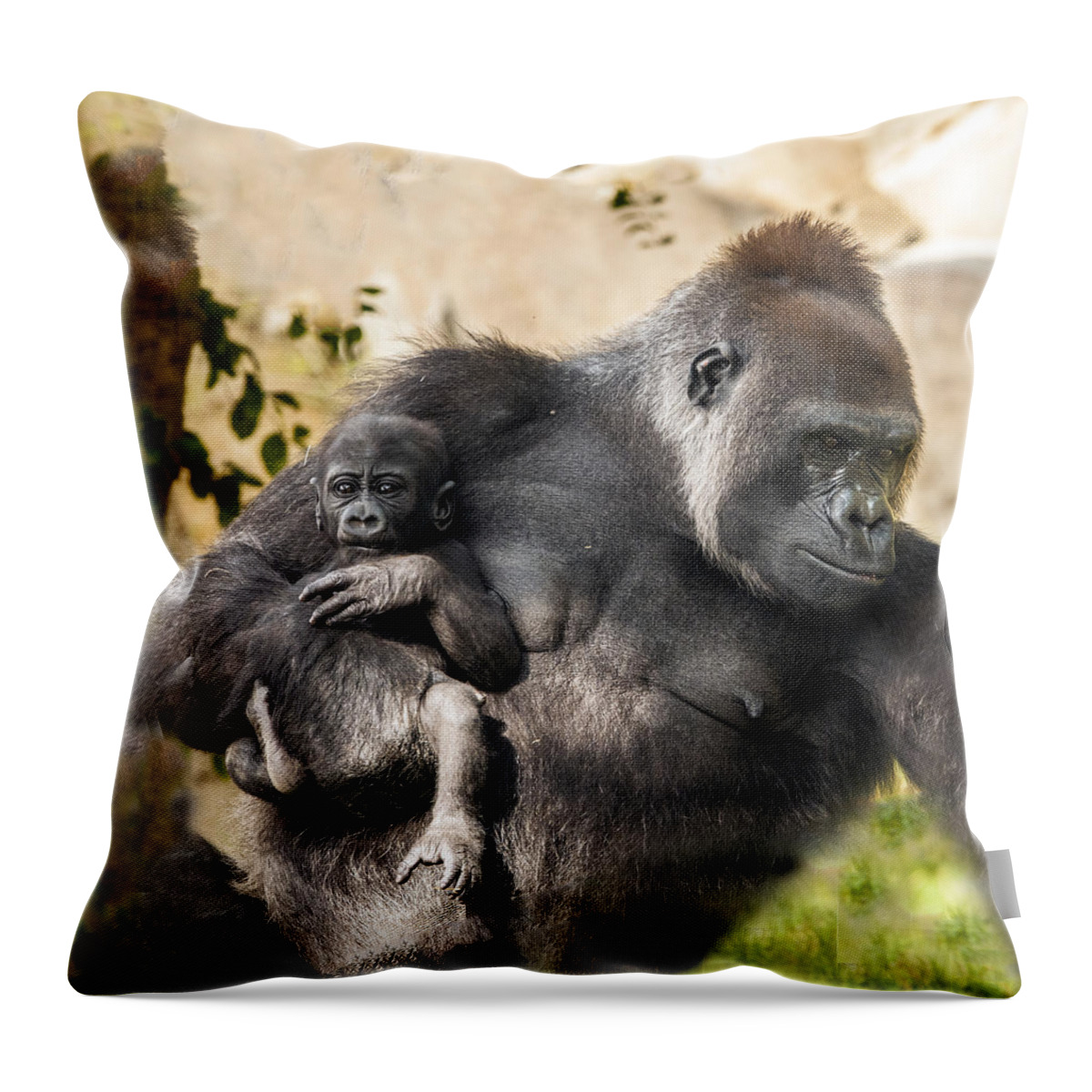 Gorilla Holding Her Baby Throw Pillow by William Bitman - Fine Art America