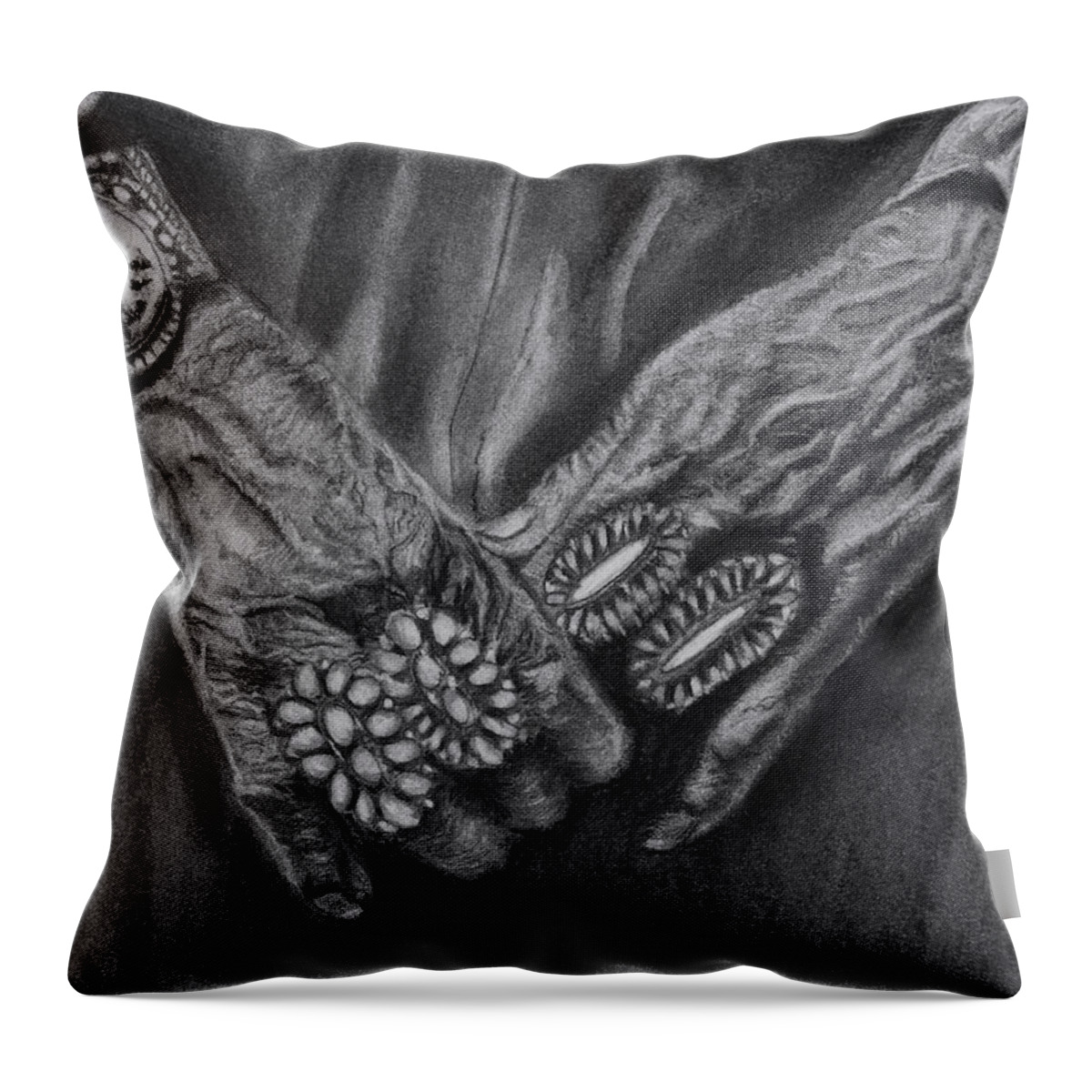 Grandmother Throw Pillow featuring the drawing Grandmother Hands by Sheila Johns