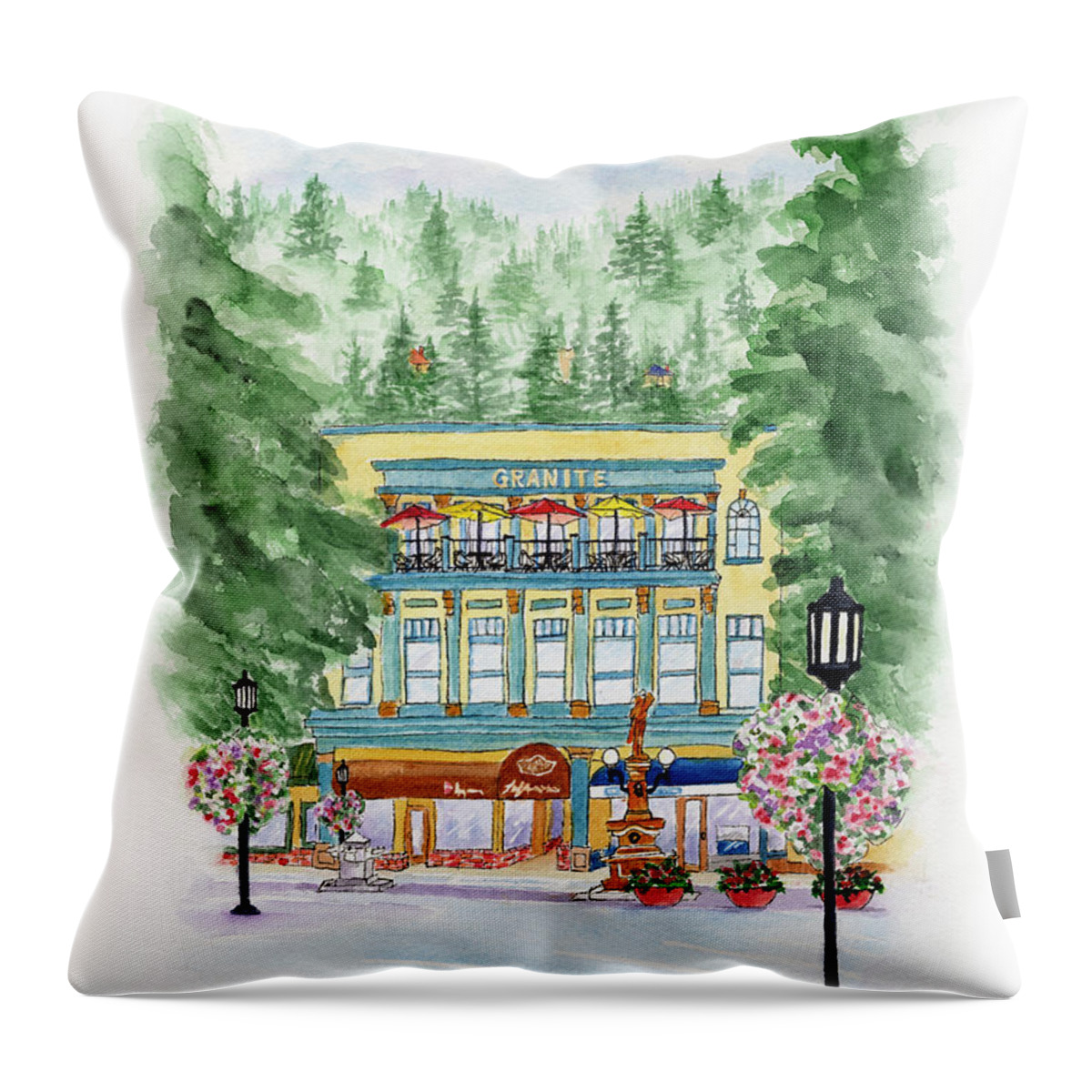 Granite Building Throw Pillow featuring the painting Granite on the Plaza by Lori Taylor