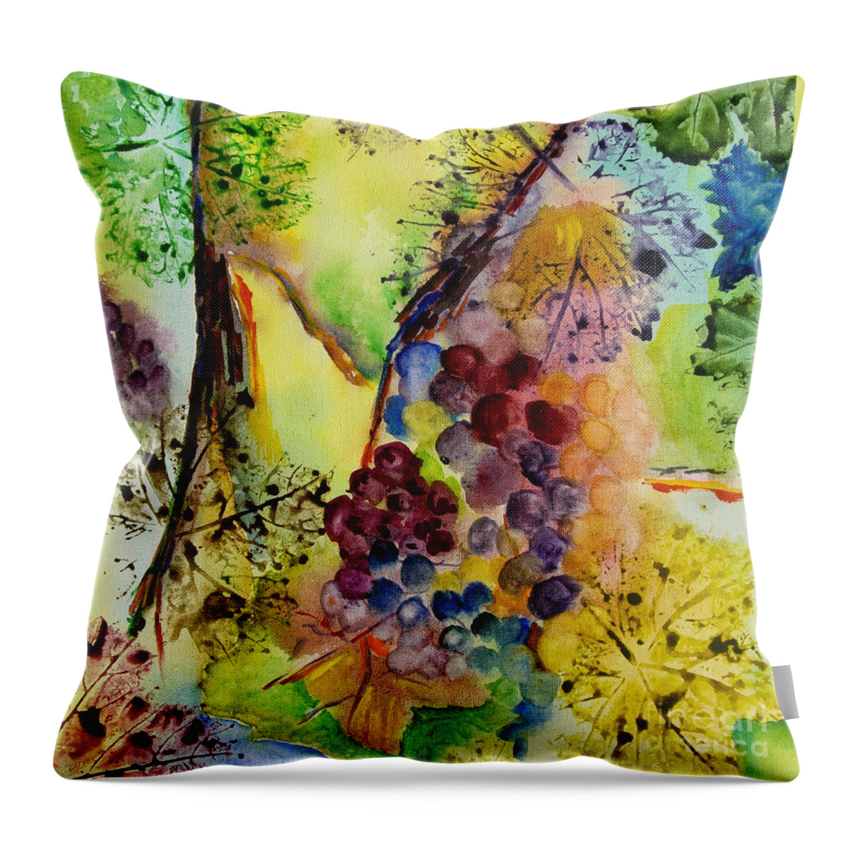 Watercolor Throw Pillow featuring the painting Grapes and Leaves III by Karen Fleschler