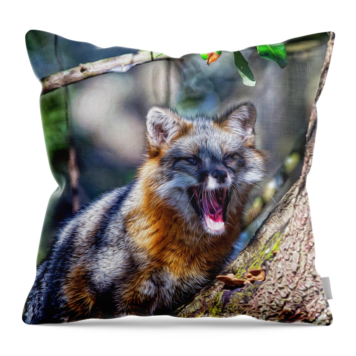 Nature Throw Pillow featuring the digital art Gray Fox Awakens In The Tree by DB Hayes