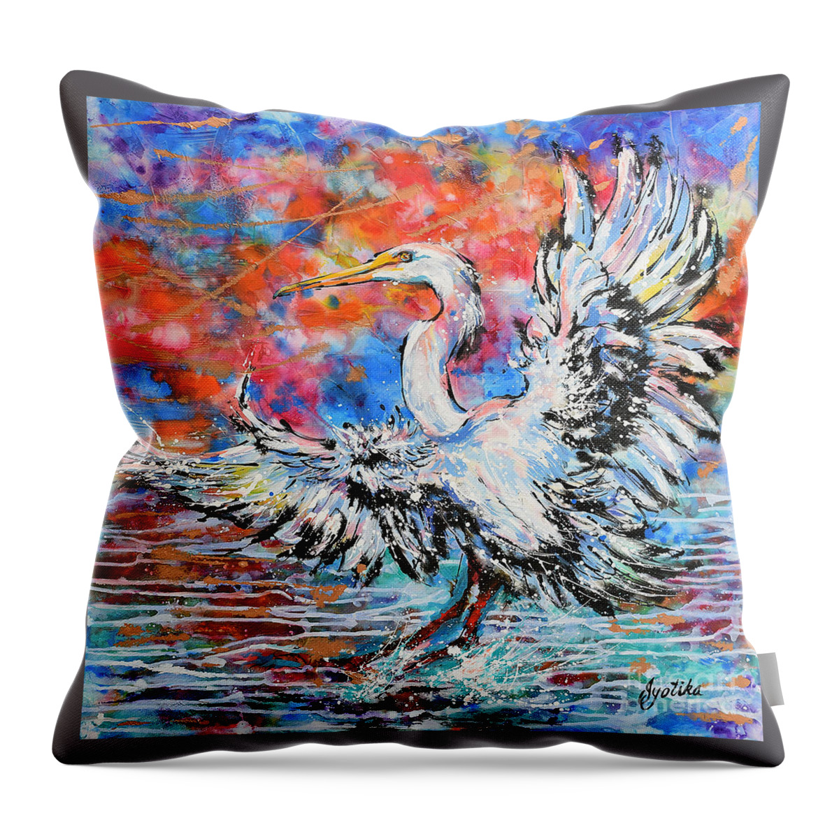  Throw Pillow featuring the painting Great Egret Sunset Glory by Jyotika Shroff