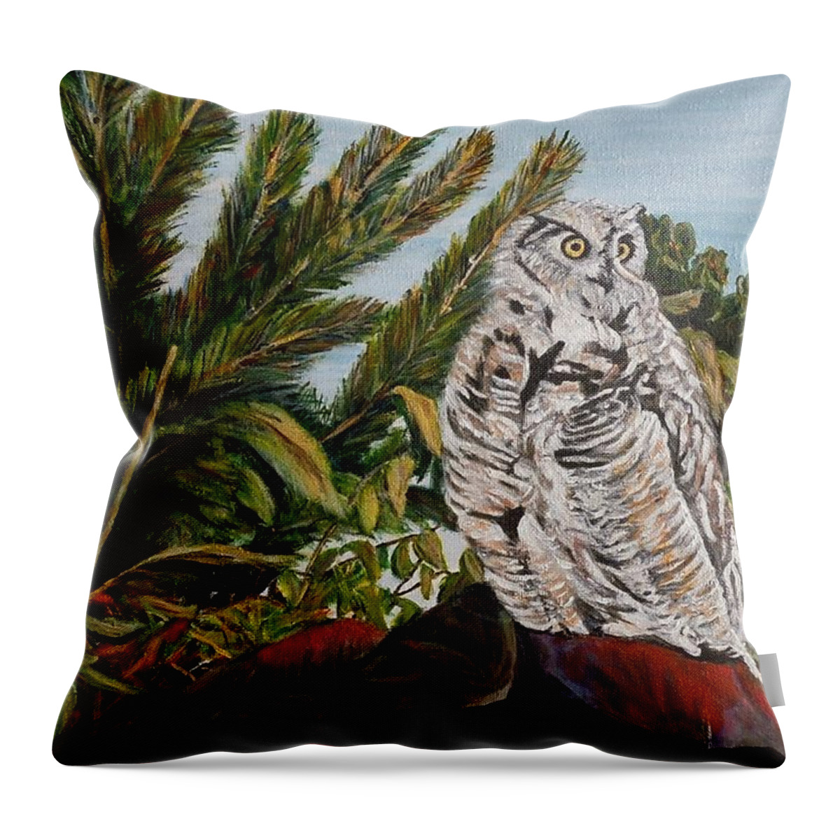 Great Horned Owl Throw Pillow featuring the painting Great Horned Owl - Owl on the rocks by Marilyn McNish