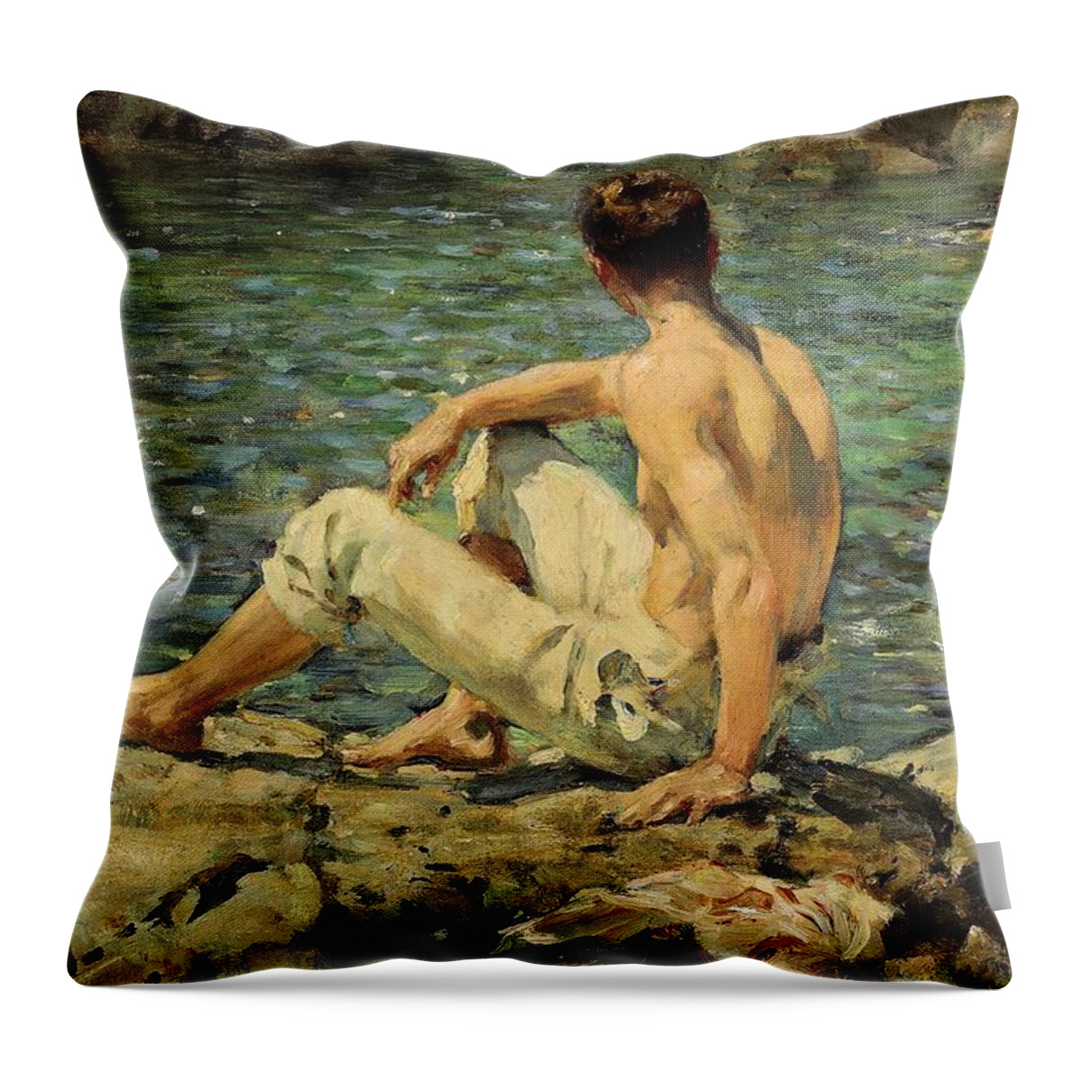 Green And Gold Throw Pillow featuring the painting Green and Gold by Henry Scott Tuke