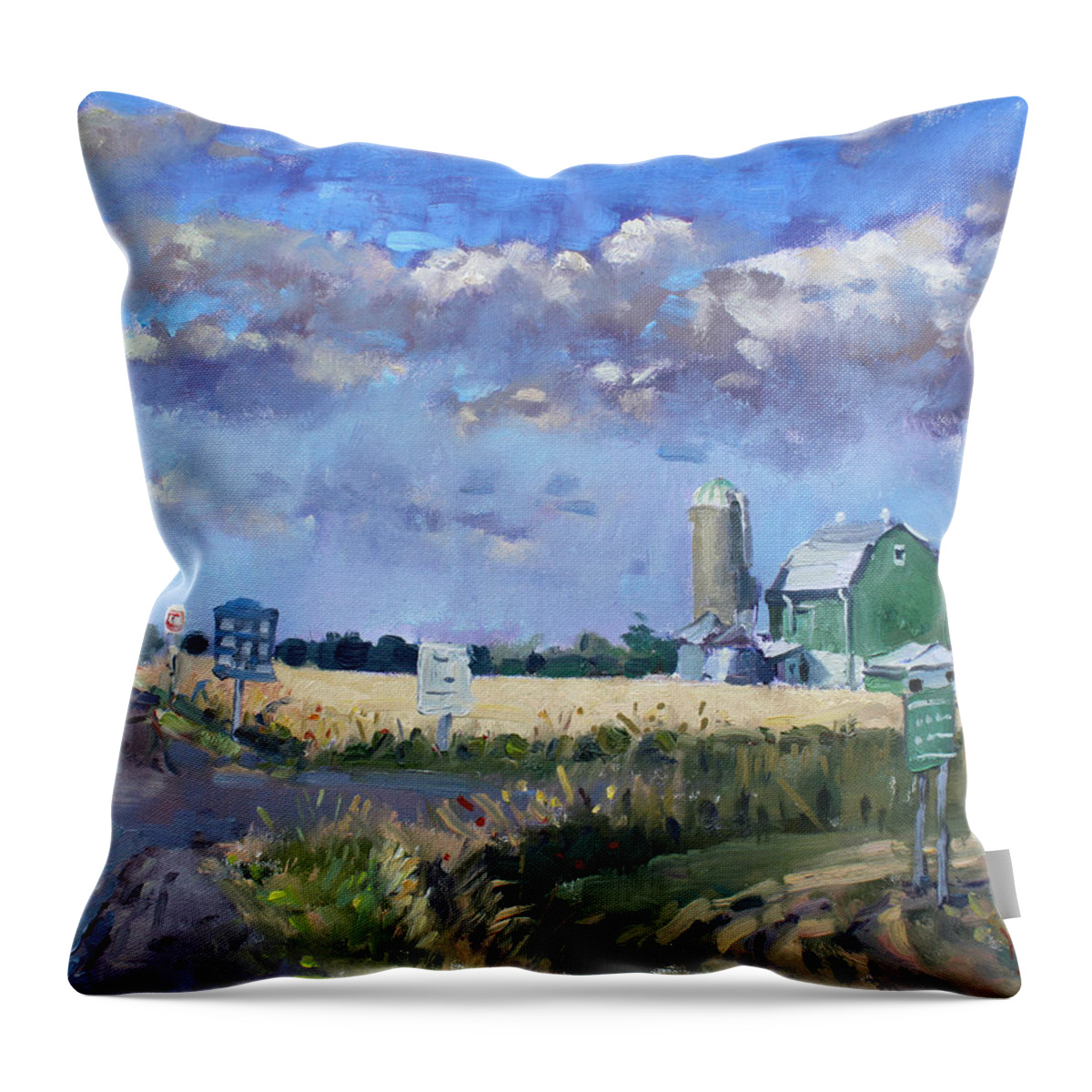 Green Barn Throw Pillow featuring the painting Green Barn in Glen Williams ON by Ylli Haruni
