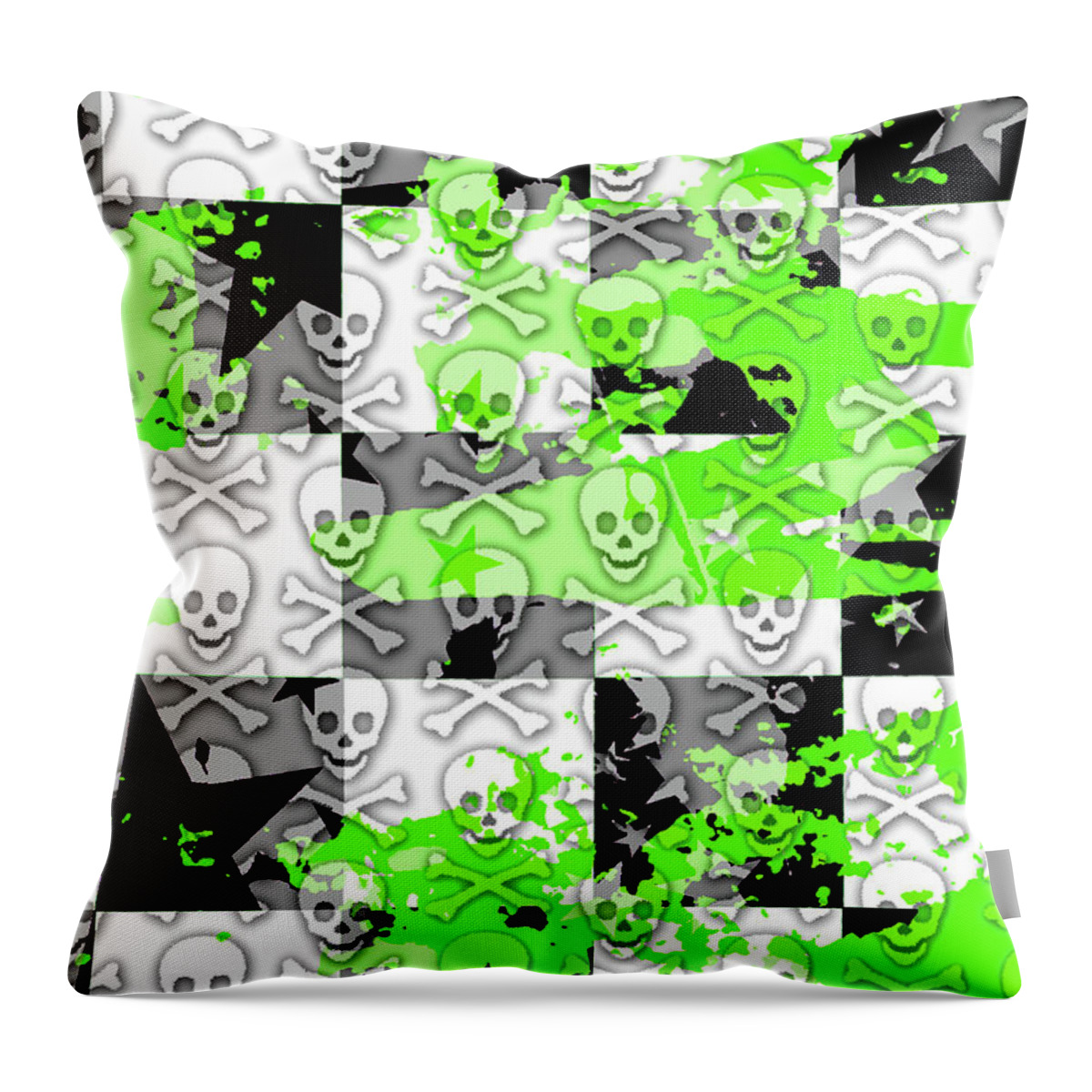 Green Throw Pillow featuring the digital art Green Checker Skull Splatter by Roseanne Jones