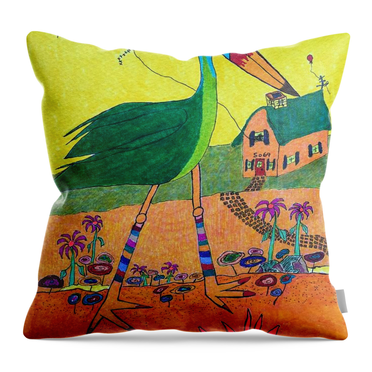 Hagood Throw Pillow featuring the painting Green Crane with Leggings and Painted Toes by Lew Hagood