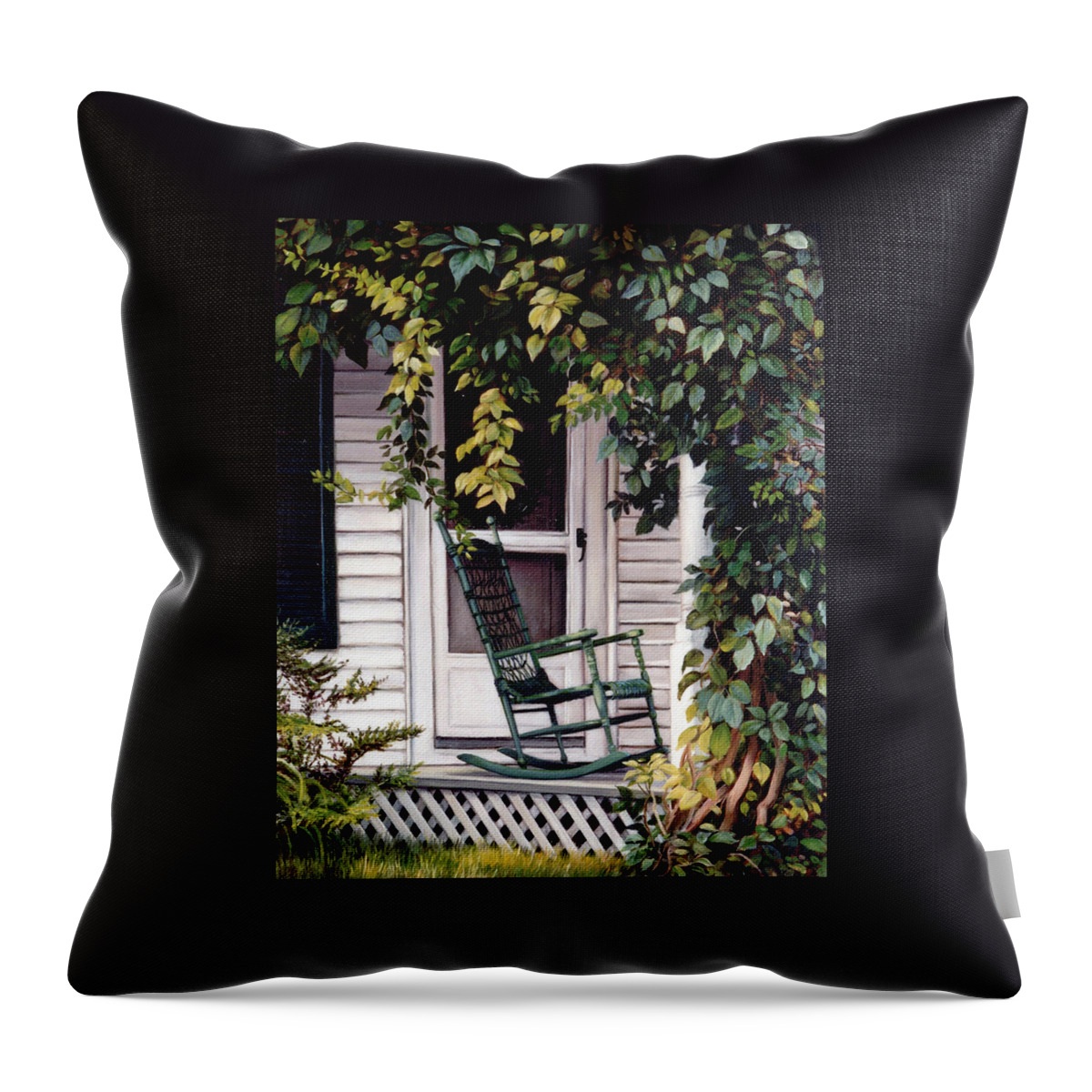 Farmhouse Throw Pillow featuring the painting Green Rocking Chair by Marie Witte