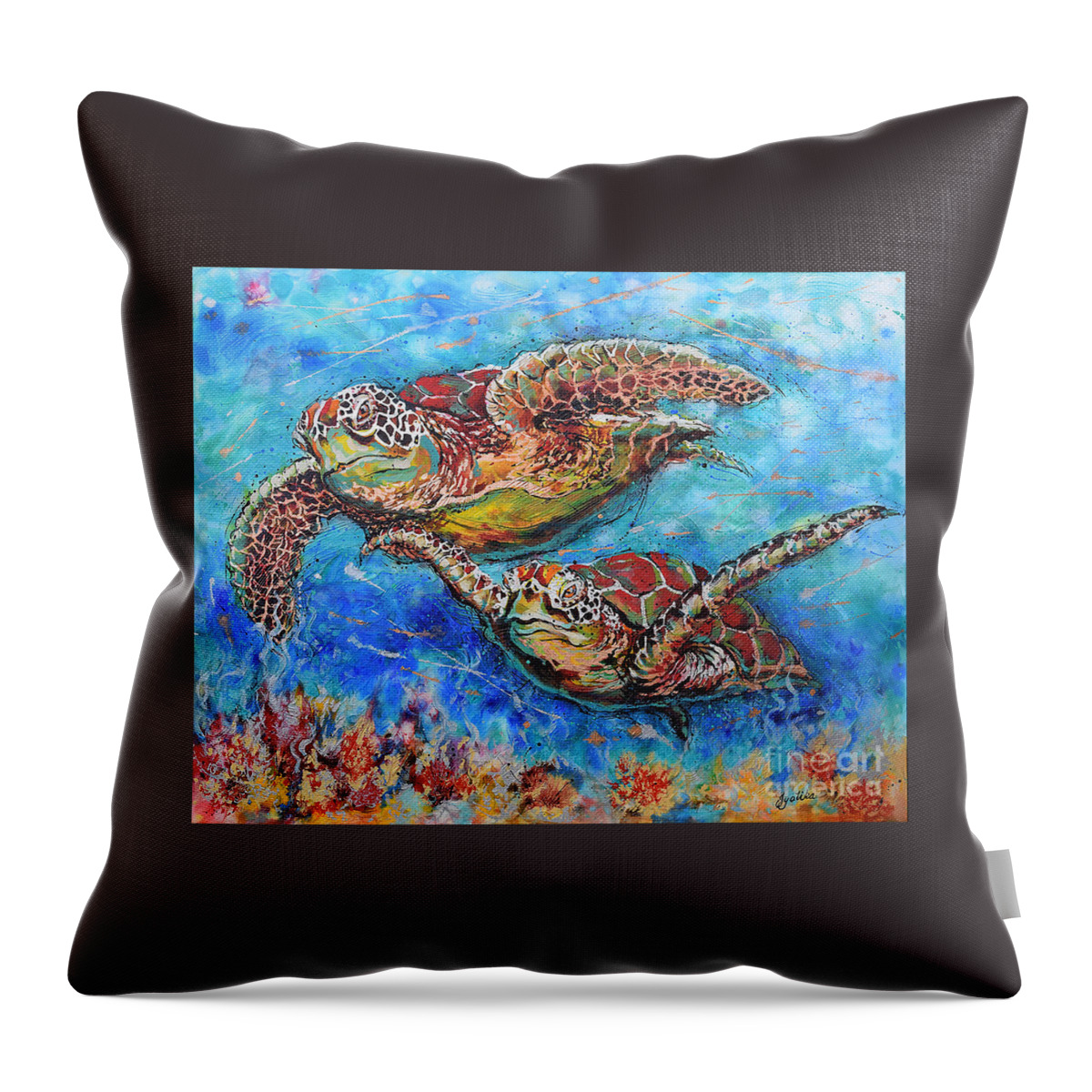 Marine Turtles Throw Pillow featuring the painting Green Sea Turtles by Jyotika Shroff