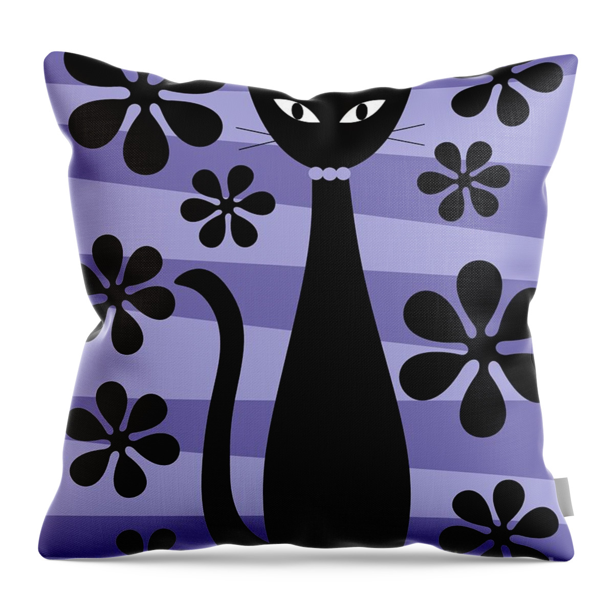 Donna Mibus Throw Pillow featuring the digital art Groovy Flowers with Cat Purple and Light Purple by Donna Mibus