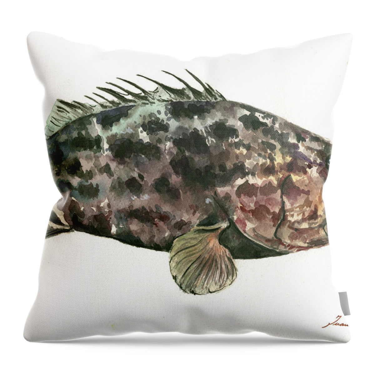 Grouper Fish Throw Pillow featuring the painting Grouper Fish by Juan Bosco
