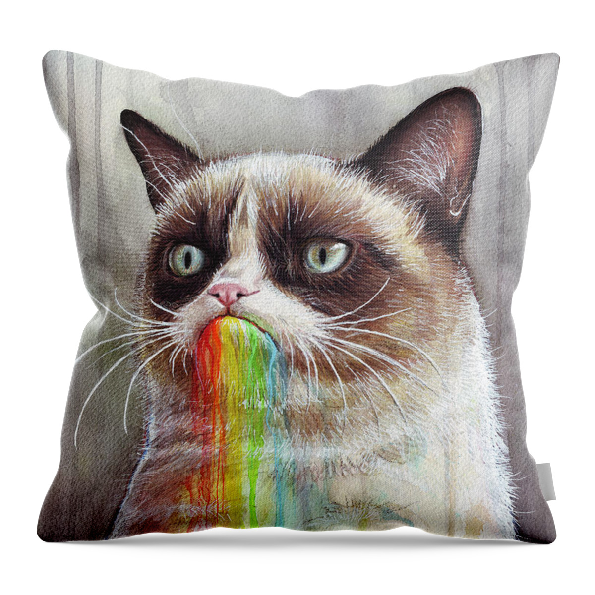 Grumpy Cat Throw Pillow featuring the painting Grumpy Cat Tastes the Rainbow by Olga Shvartsur