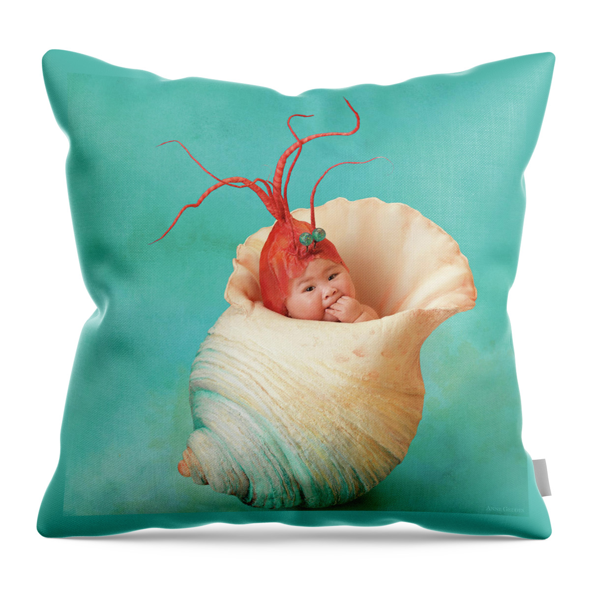 Under The Sea Throw Pillow featuring the photograph Halle as a Baby Shrimp by Anne Geddes