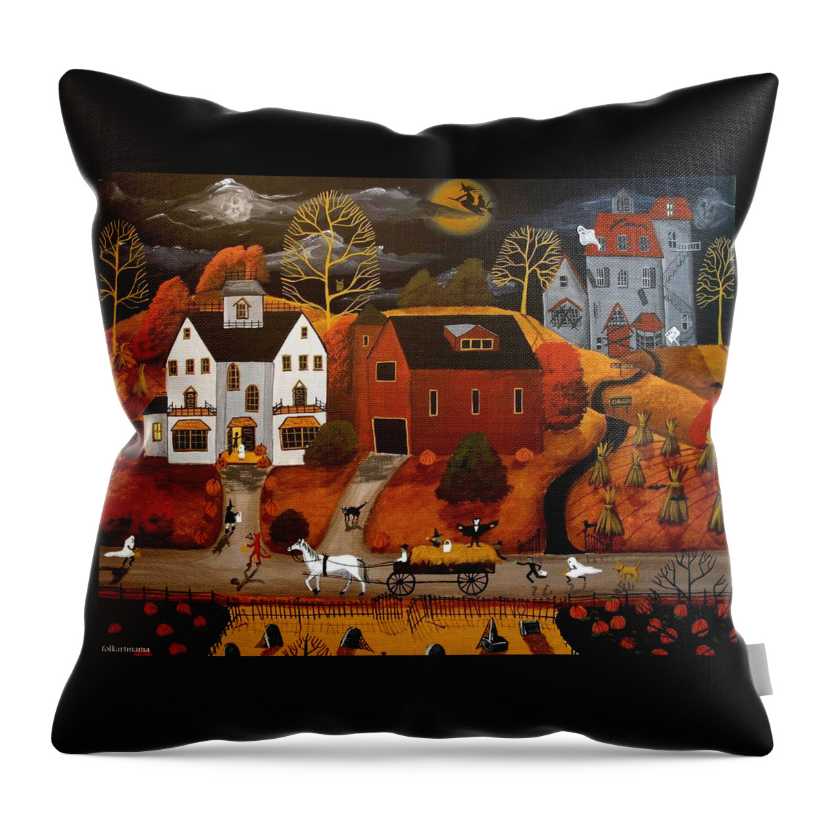 Folk Art Throw Pillow featuring the painting Halloween Hay Ride - a folkartmama - folk art by Debbie Criswell