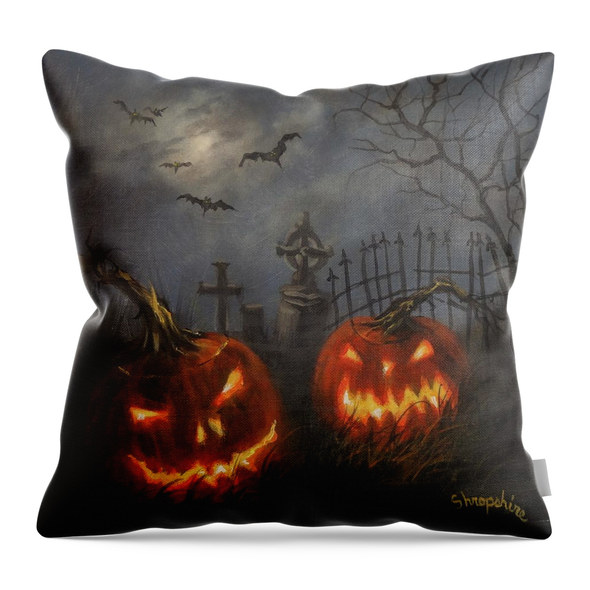 Halloween Throw Pillow featuring the painting Halloween on Cemetery Hill by Tom Shropshire