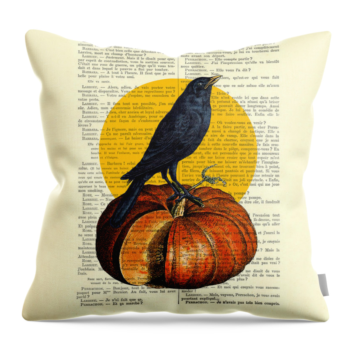 Crow Throw Pillow featuring the digital art Halloween pumpkin and crow decoration by Madame Memento