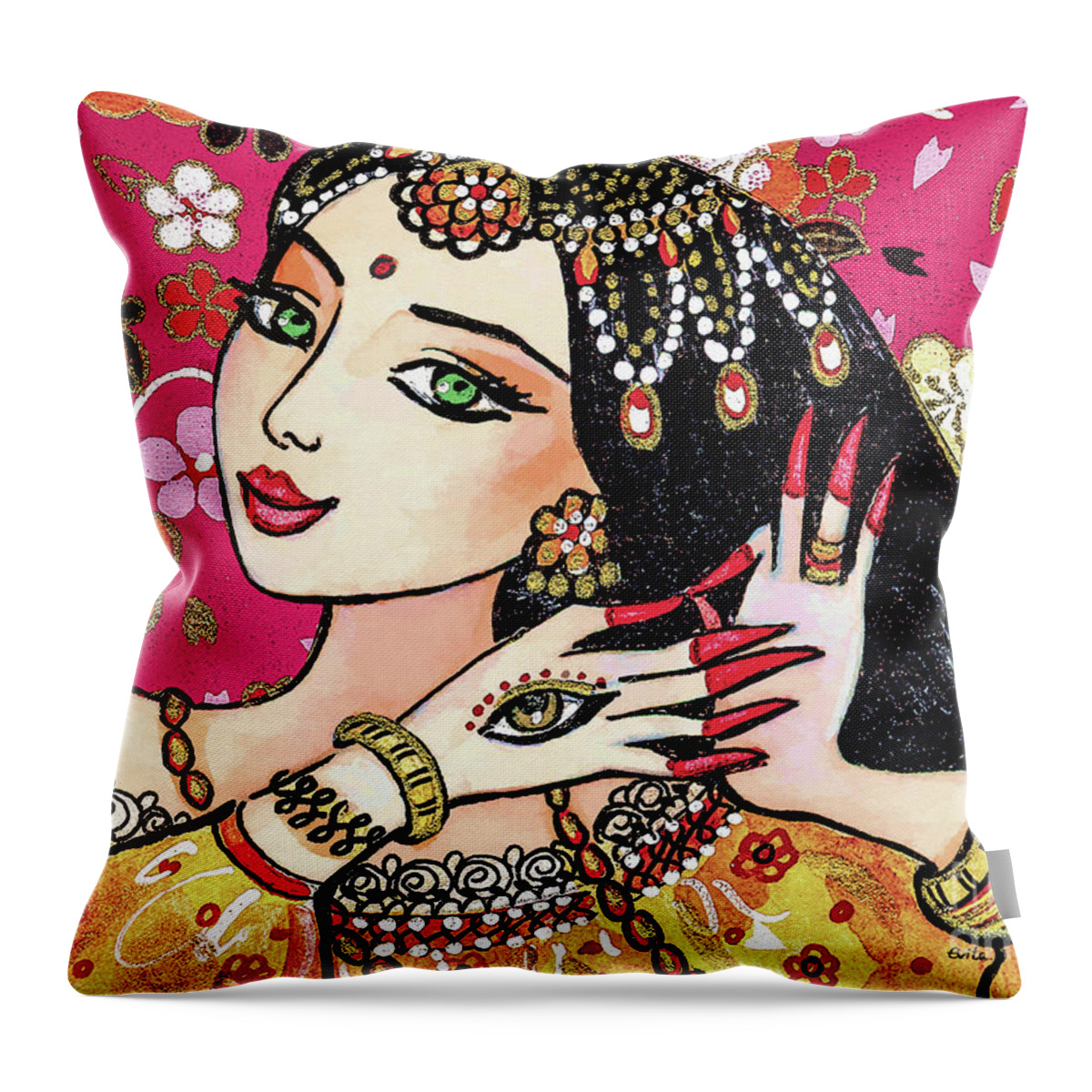 Indian Woman Throw Pillow featuring the painting Hamsa Dance by Eva Campbell