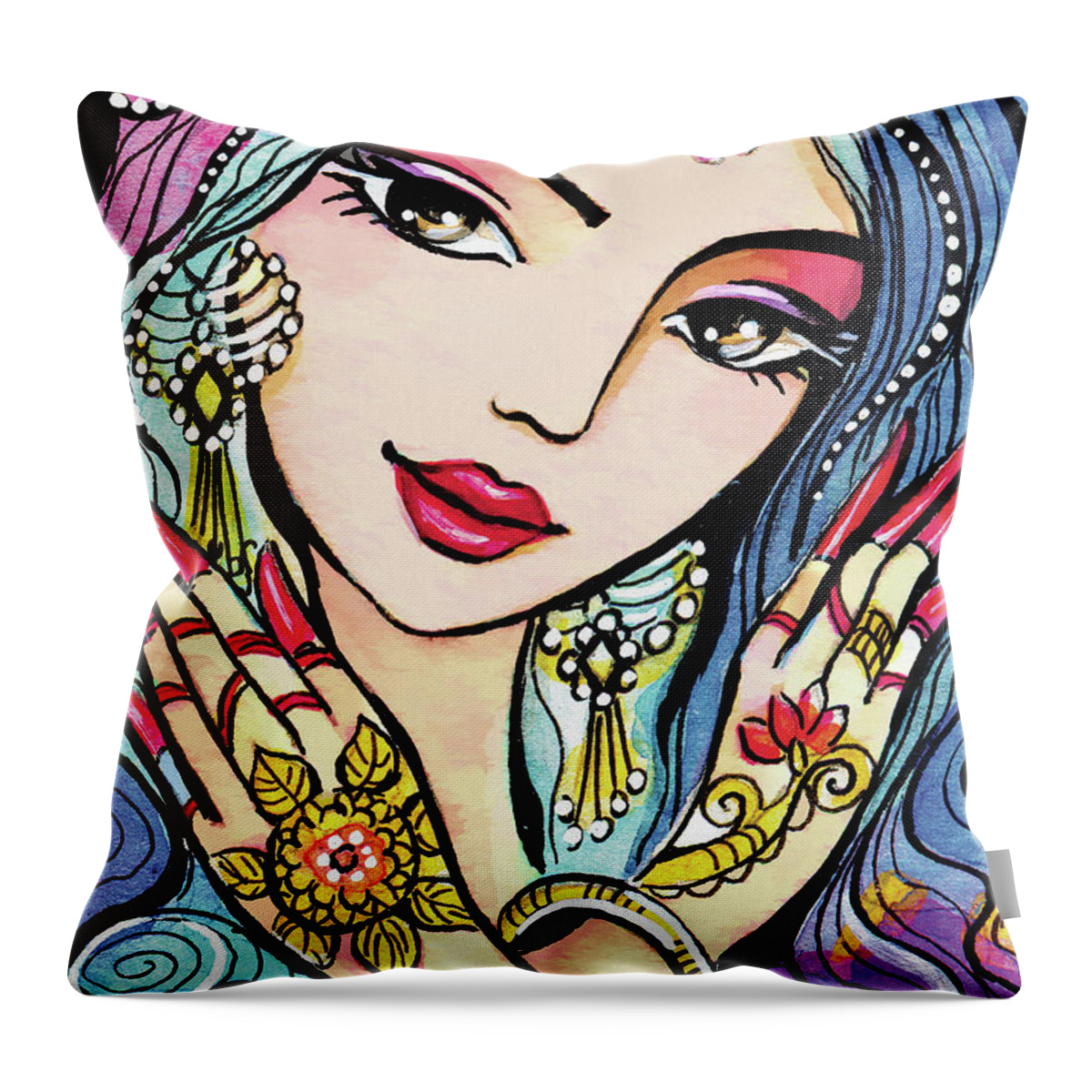 Indian Woman Throw Pillow featuring the painting Hands of India by Eva Campbell