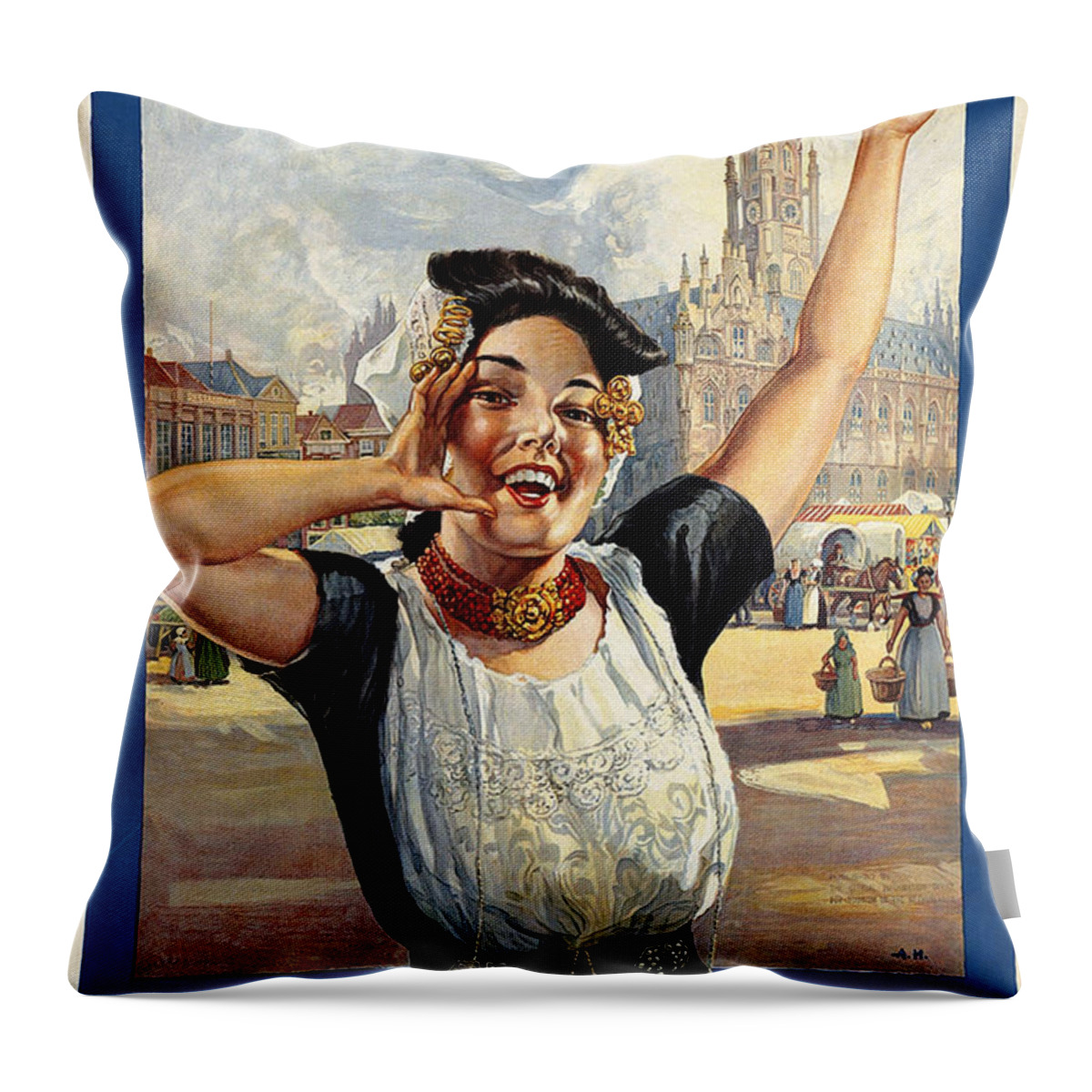 Holland Throw Pillow featuring the painting Happy Girl in traditional Dutch attire - Vintage Travel Poster from Holland by Studio Grafiikka