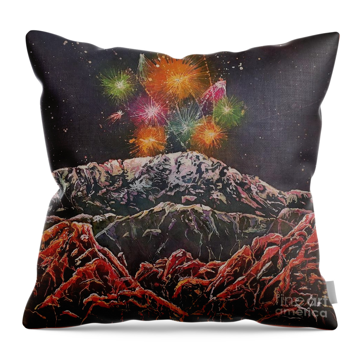 Fireworks Throw Pillow featuring the mixed media Happy New Year From America's Mountain by Carol Losinski Naylor