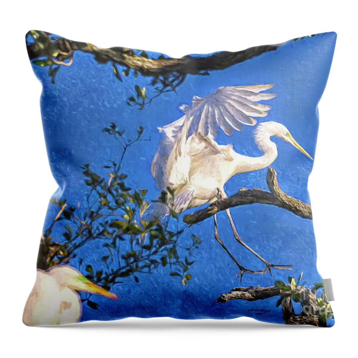 Egrets Throw Pillow featuring the digital art Hard Landing by DB Hayes