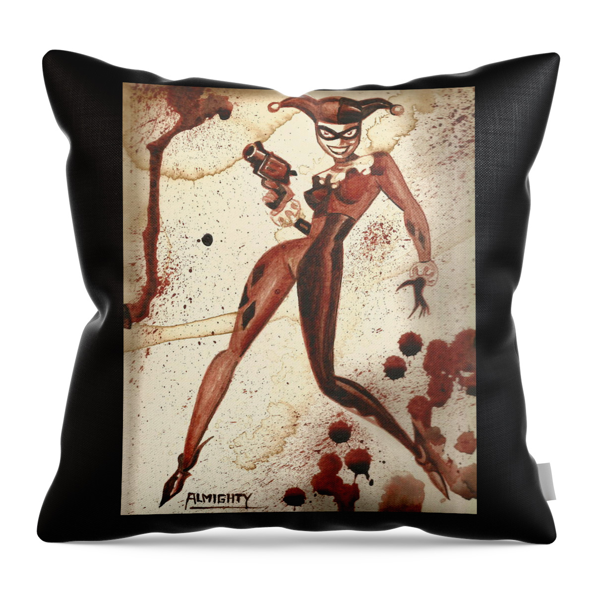 Ryan Almighty Throw Pillow featuring the painting HARLEY QUINN - dry blood by Ryan Almighty