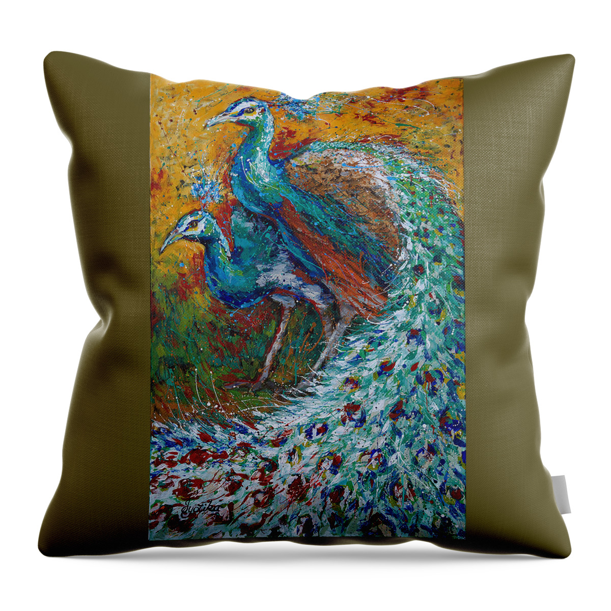 Peacock And Peahen Throw Pillow featuring the painting Harmonious by Jyotika Shroff
