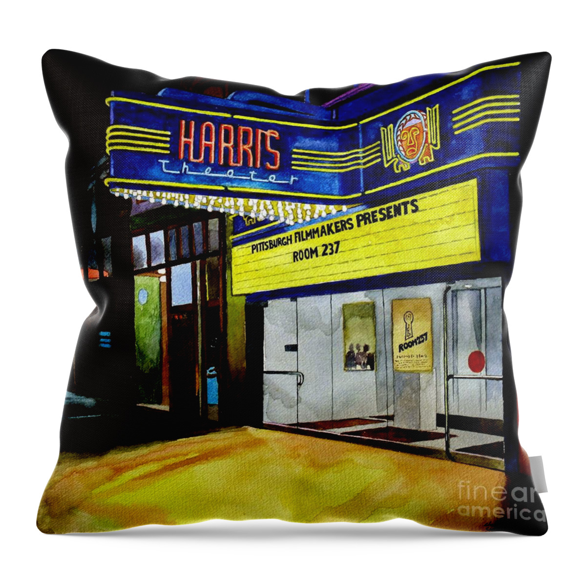 Theater Throw Pillow featuring the painting Harris Theater Pittsburgh Pennsylvania by Christopher Shellhammer