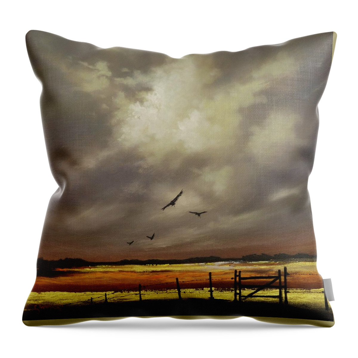 Contemporary Landscape; Orange And Gold; Billowing Clouds; Soaring Birds; Tom Shropshire Painting Throw Pillow featuring the painting Harvest Gold by Tom Shropshire