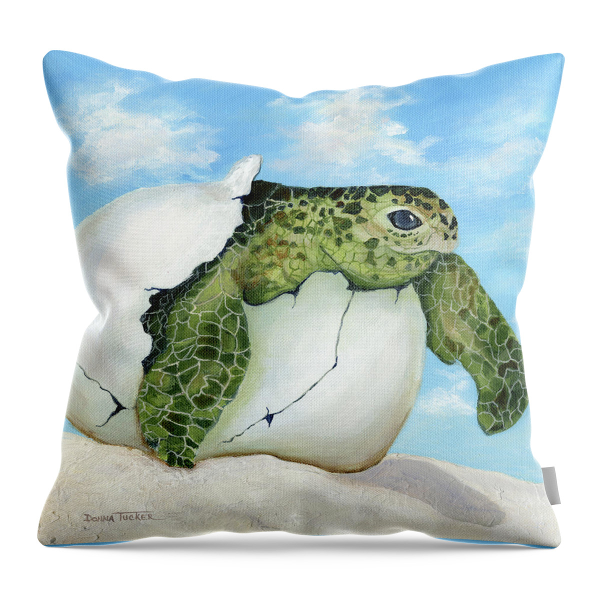 Sea Turtle Throw Pillow featuring the painting Hatcher by Donna Tucker