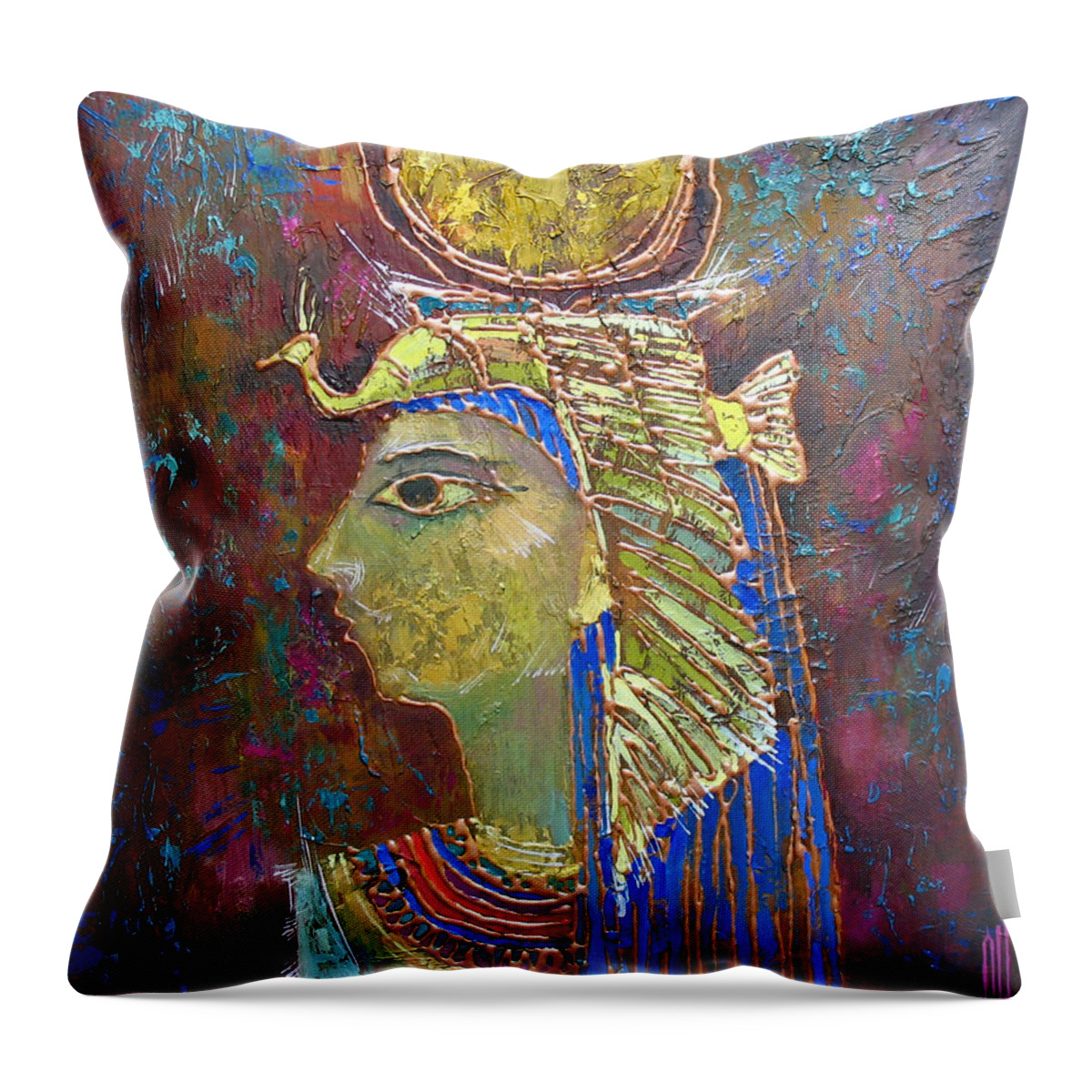 Hathor Throw Pillow featuring the painting Hathor. Goddess of Egypt by Valentina Kondrashova