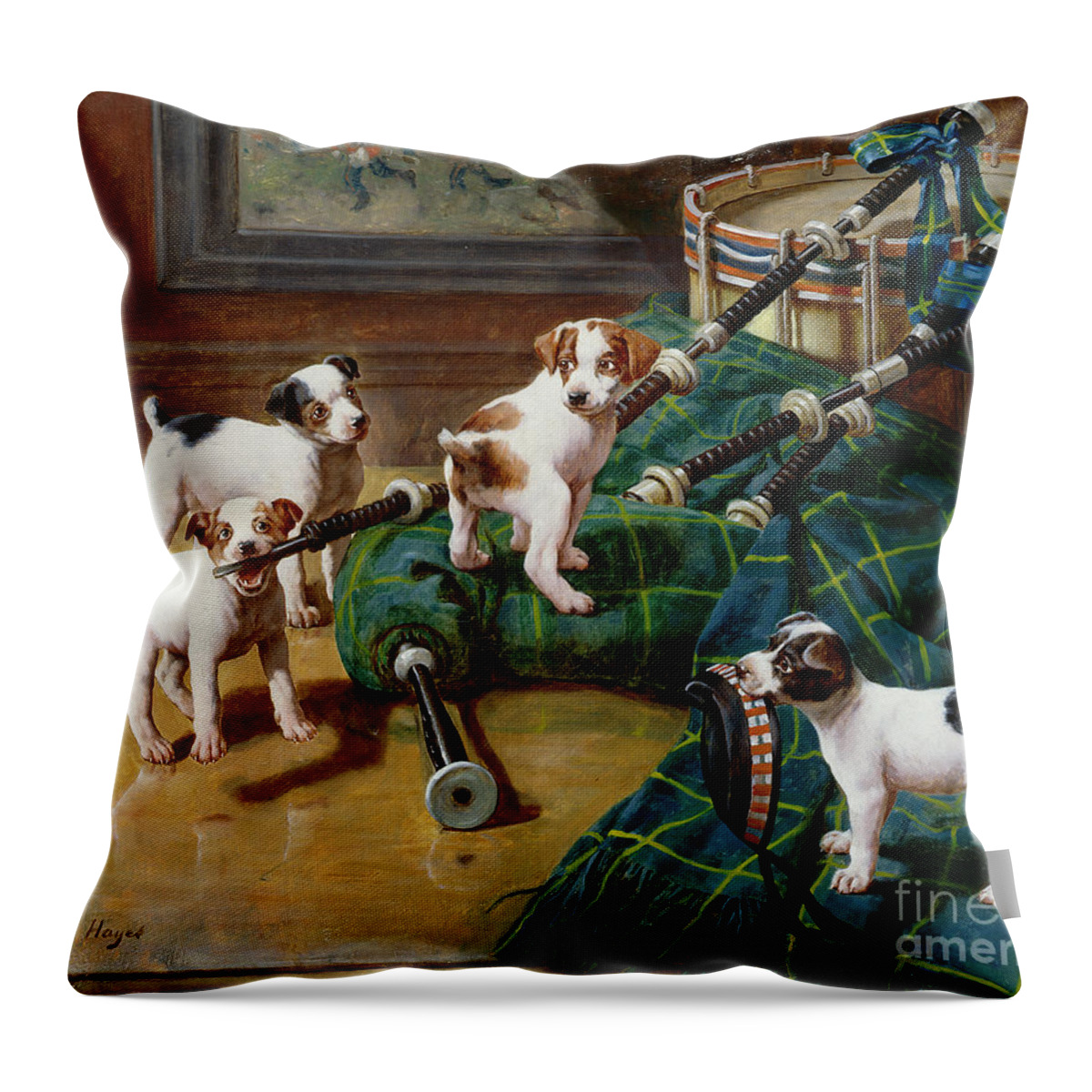 He Who Pays The Piper Calls The Tune By John Hayes Throw Pillow featuring the painting He Who Pays the Piper Calls the Tune by John Hayes