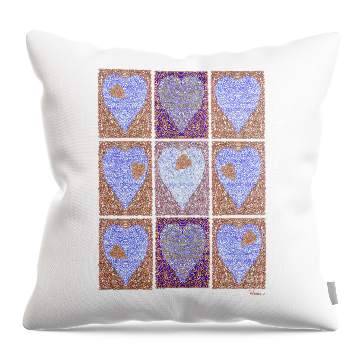 Lise Winne Throw Pillow featuring the digital art Hearts Within Hearts In Copper and Blue by Lise Winne