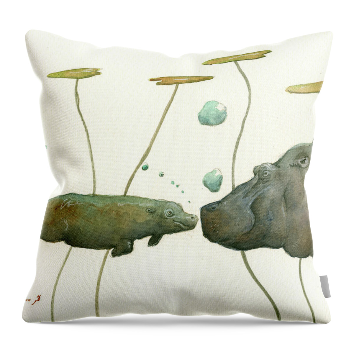 Hippo Throw Pillow featuring the painting Hippo mom with babyv by Juan Bosco