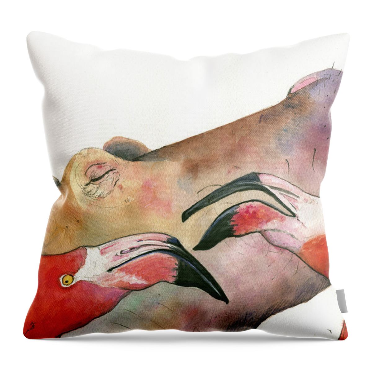 Hippo Art Throw Pillow featuring the painting Hippo With Flamingos Heads by Juan Bosco