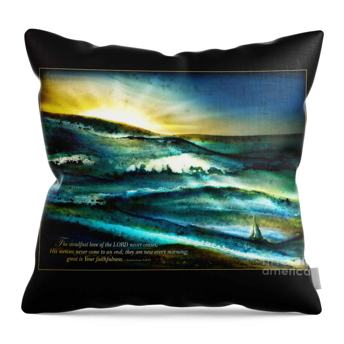 Sunset Throw Pillow featuring the mixed media His Mercies Are New Every Morning -Verse by Shevon Johnson