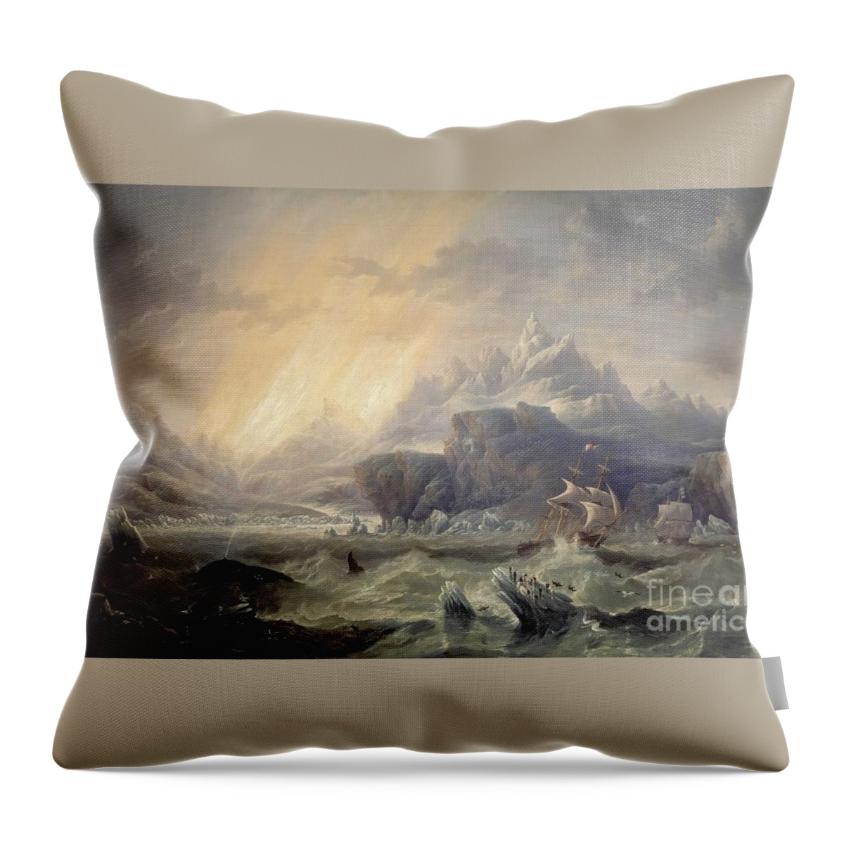 John Wilson Carmichael - Hms Erebus And Terror In The Antarctic 1847 Throw Pillow featuring the painting HMS Erebus and Terror in the Antarctic by MotionAge Designs