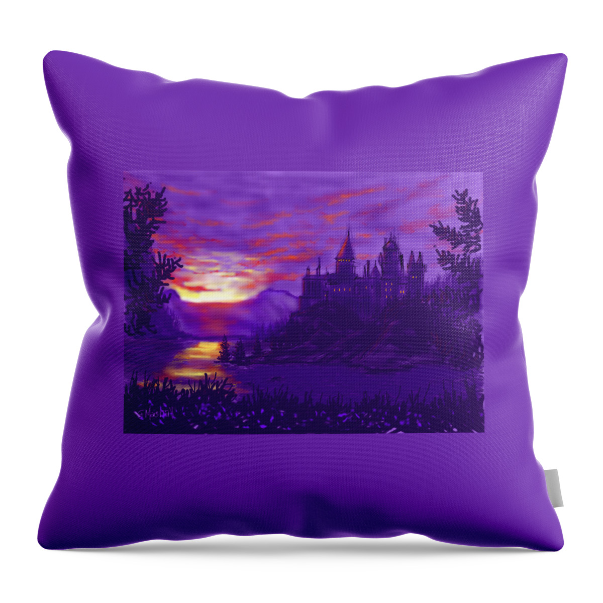 Ipad Art Throw Pillow featuring the painting Hogwarts in Purple by Glenn Marshall