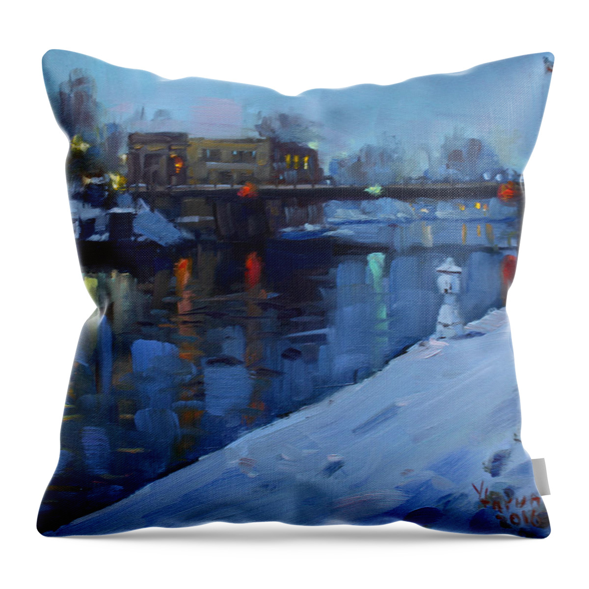 Holiday Lights Throw Pillow featuring the painting Holiday Lights in Tonawanda Canal by Ylli Haruni