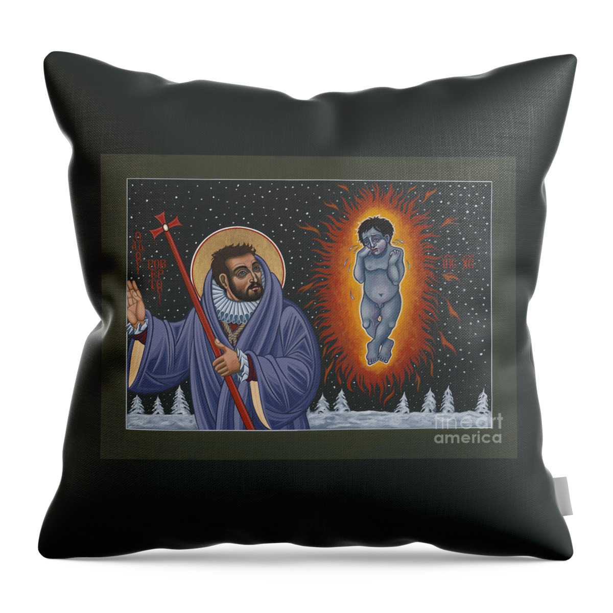 Holy Poet-martyr St Robert Southwell And The Burning Babe Throw Pillow featuring the painting Holy Poet-Martyr St Robert Southwell and the Burning Babe 199 by William Hart McNichols