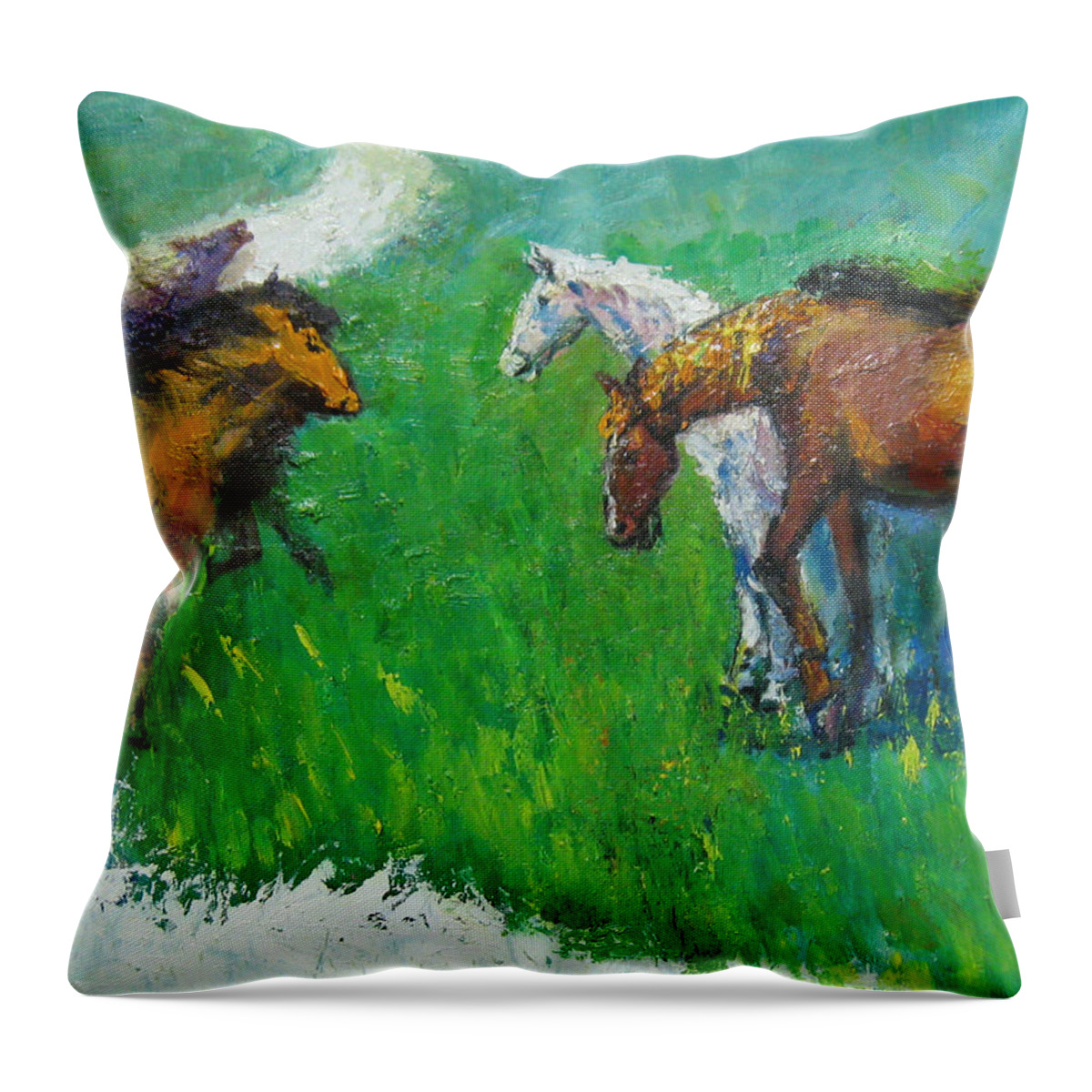 Horses Throw Pillow featuring the painting Horses by Guanyu Shi