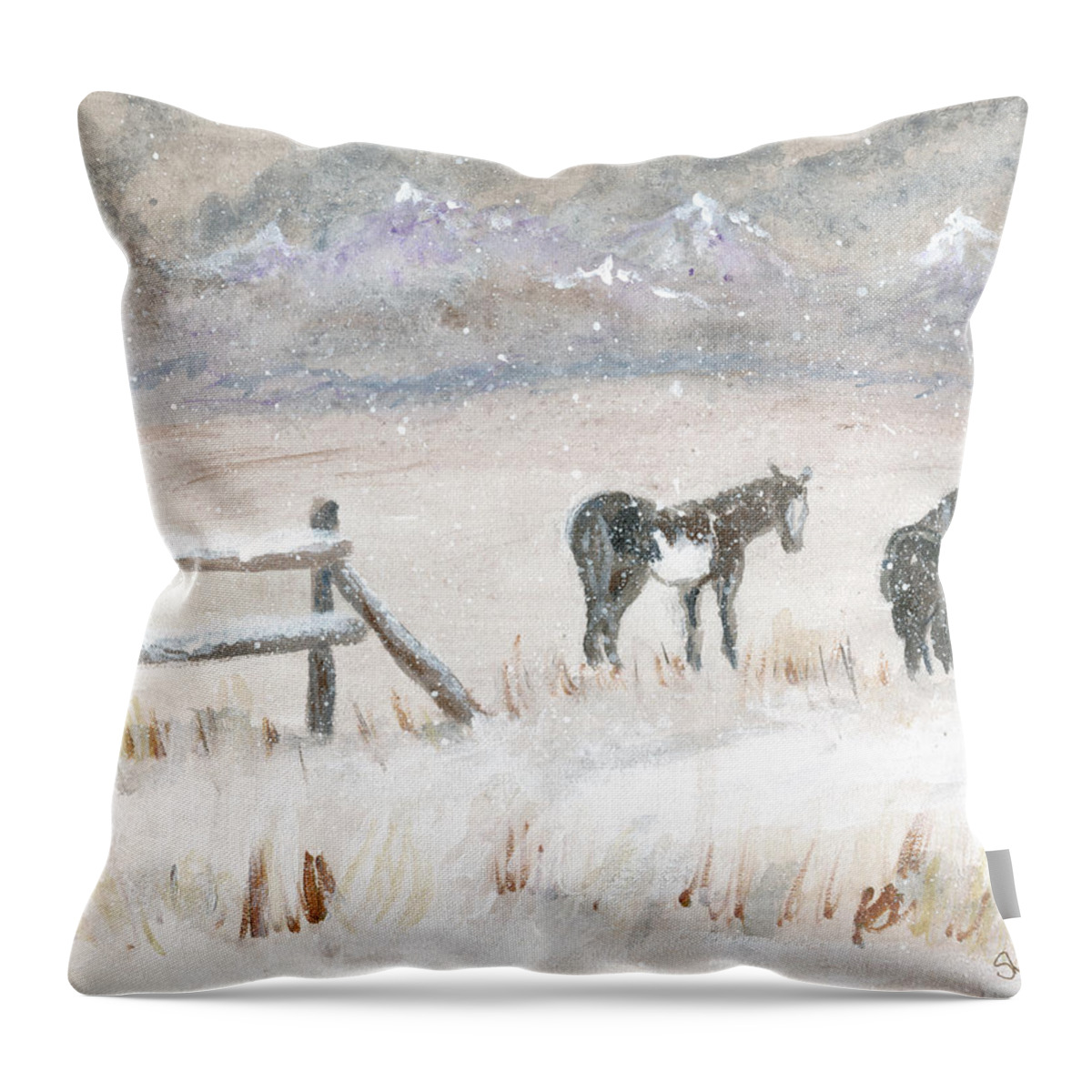Horses Throw Pillow featuring the painting Horses in Snow by Sheila Johns